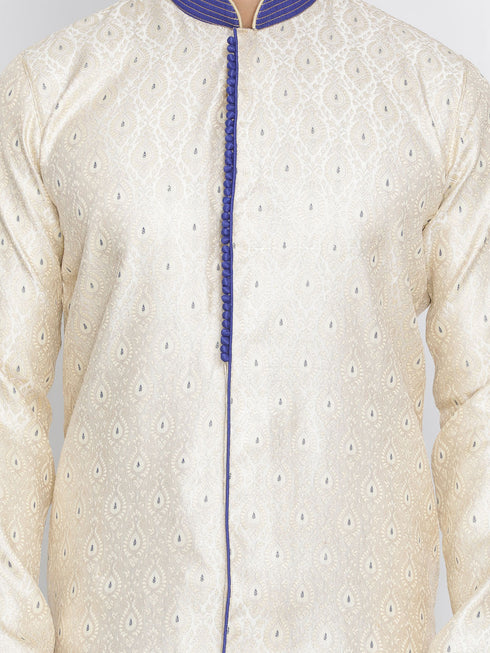 VASTRAMAY Men's Gold And Blue Silk Blend Sherwani Set